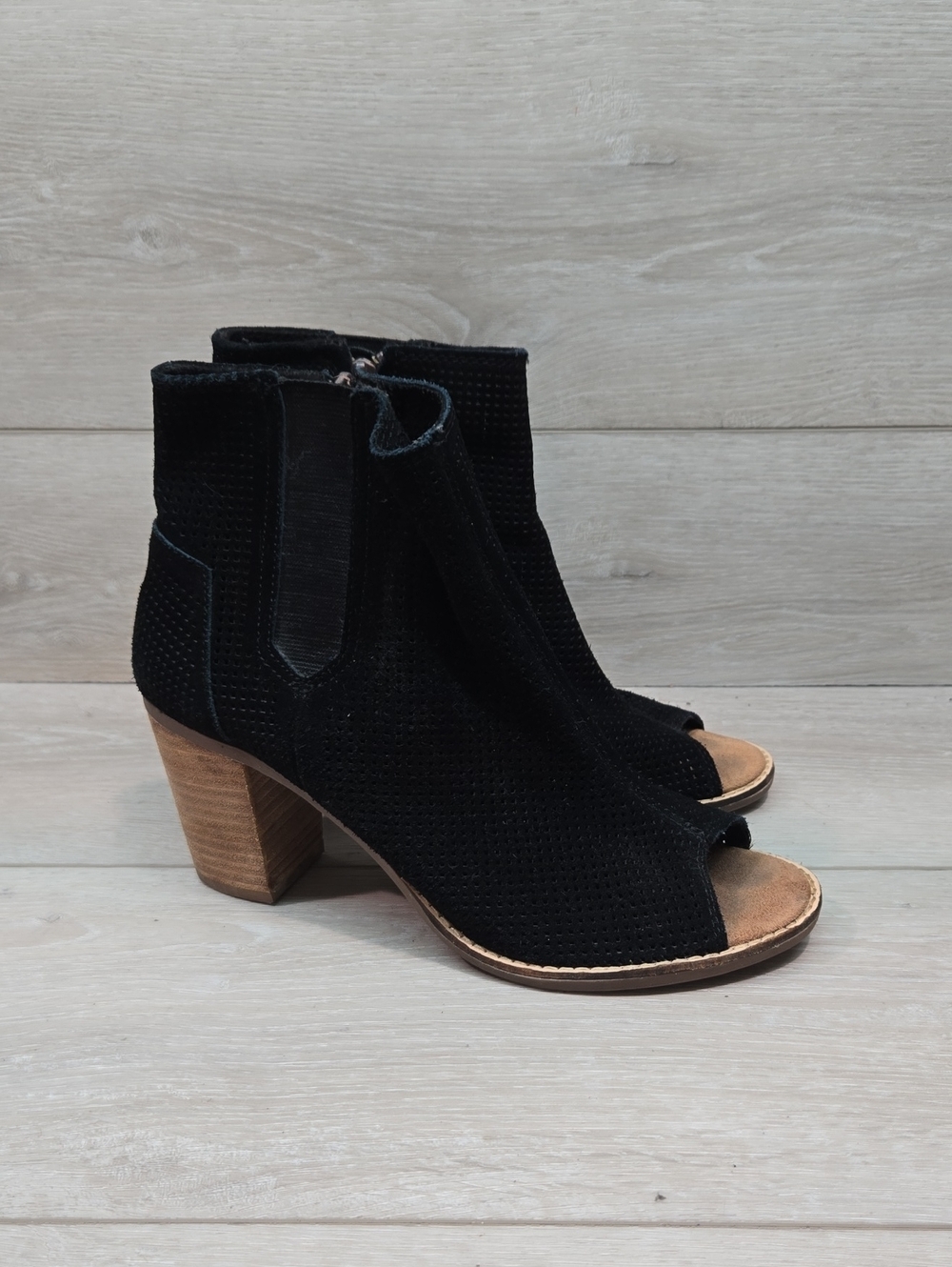 Toms Women Majorca Black Open Peep-Toe Suede Ankle Boots Wood Block Heel Shoes 9